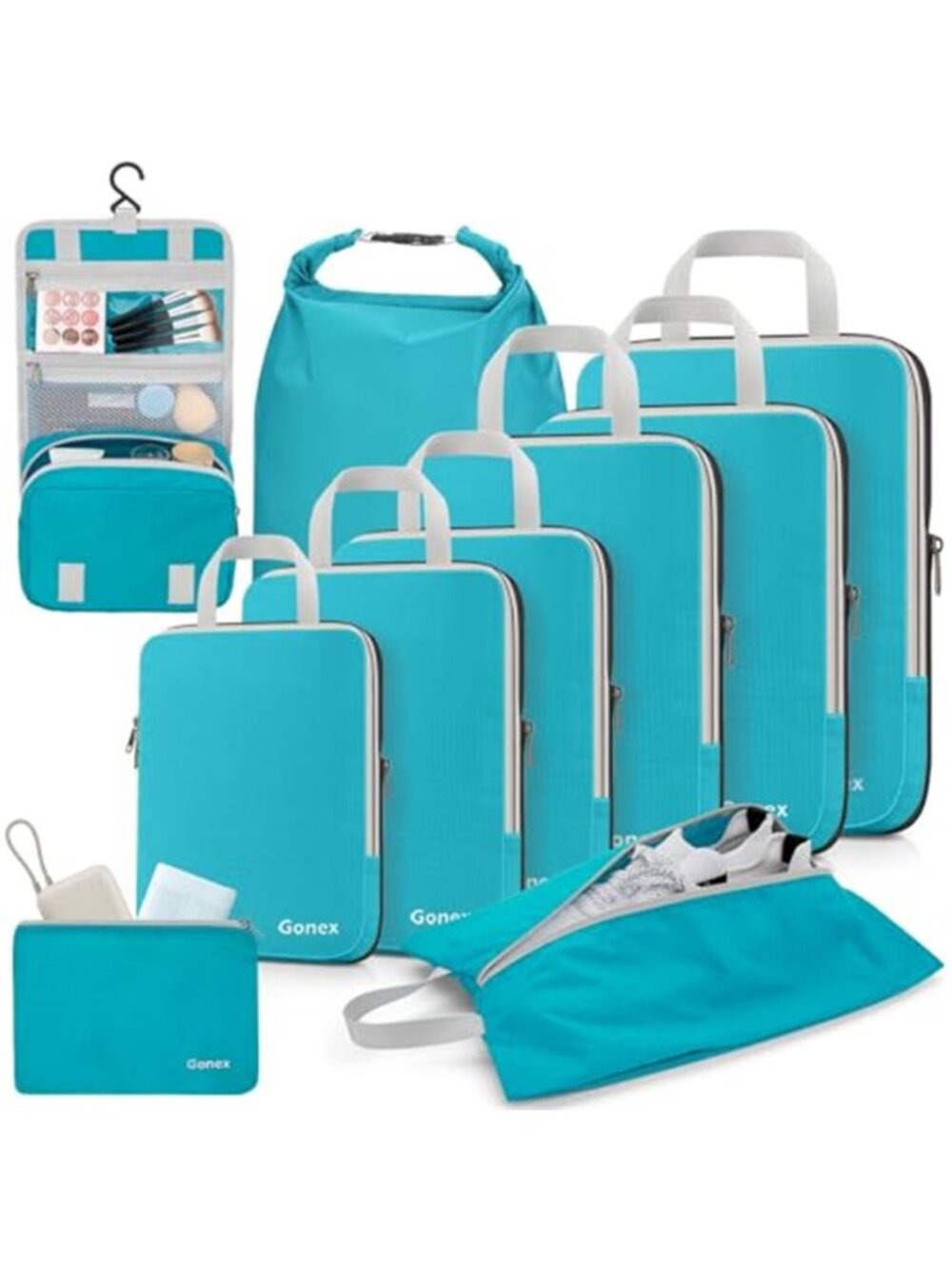 10 Piece Compression Packing Cubes Travel Luggage Organizer Bags Waterproof Blue